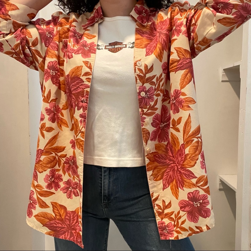 Notations Orange Floral Button Up